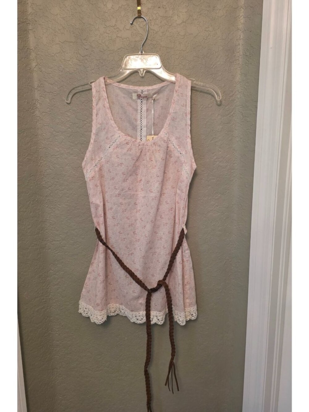 Aryeh Pink Cotton Belted Crochet Trim Tunic Tank Top M NEW Lightweight